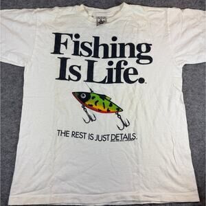Vintage 90s Fishing Is Life Shirt Mens Large White Big Ball Sports Graphic Tee